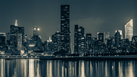 fabulous skyline of midtown manhattan - lights, reflection, river, skyscrapers, city, night