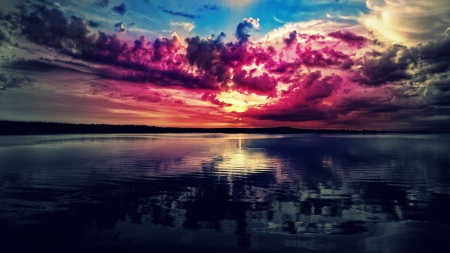 ruby red sunset - lake, clouds, red, ripples, sunset