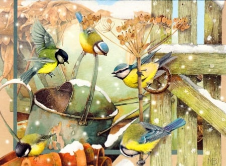 Playing birds - house, birds, winter, beautiful, snow, sweet, home, playing, painting, cute, friends, yard, art