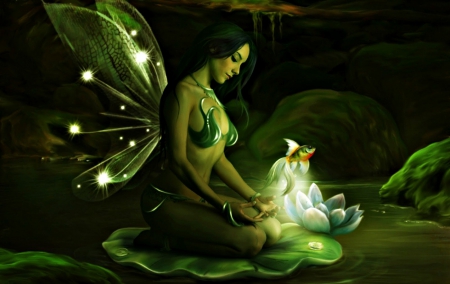 Fairy - lotus, water, girl, flower, light, dark, fantasy, green, woman, wings, elena dudina, butterfly, fairy, lake, fish, art