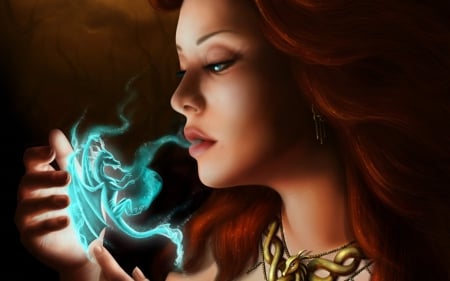 Dragon spirit - fantasy, spirit, dragon, girl, woman, redhead, blue