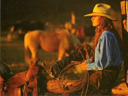 Ranch Girl - woman, rope, fence, hat, female, cowgirl, boots, chaps, saddle, horse, ranch