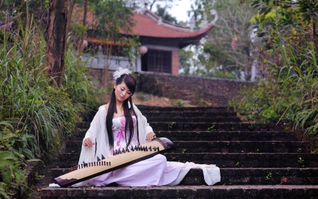 A spring song - woman, girl, music, song, instrument, asian, spring, green, temple