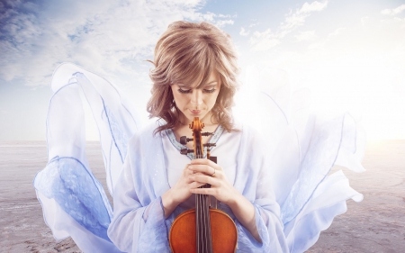 Lindsey Stirling - woman, girl, angel, music, instrument, lindsey stirling, white, violin singer, blue