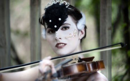 Violonist - tattoo, woman, girl, hat, music, violonist, instrument, black