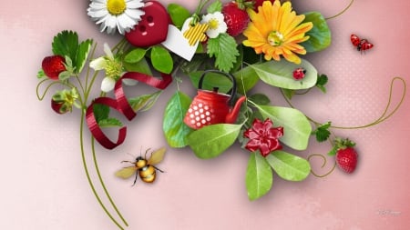 Sweetness of Strawberries - blossoms, pink, flowers, bee, ladybugs, ribbon, strawberries berries, lady bug, hearts, tea pot, daisies