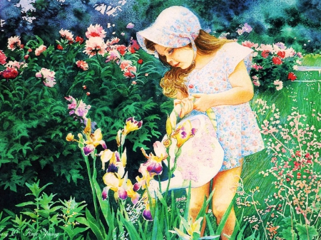 Gardener - blossoms, flowers, springtime, artwork, girl