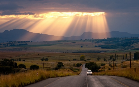 Golden sunshine - road, sunshine, car, amazing