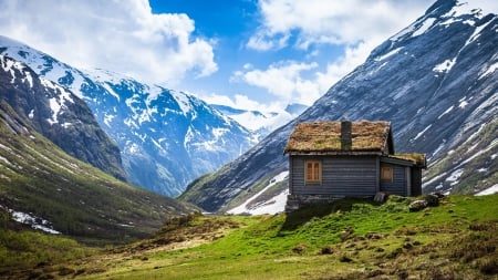 The Great Outdoors - scenic nature, blue mountains, scenic mountains, The Great Outdoors, sweet outdoors, tranquil nature, beautiful scene, log cabin, relaxing nature