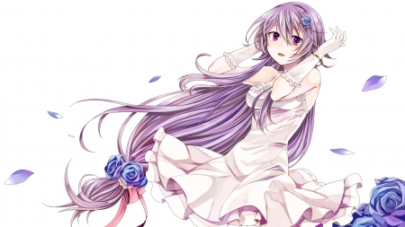 ~Gorgeous~ - roses, girl, long hair, purple hair, lovely, elbow gloves, pretty, petals, anime, flowers, purple eyes, dress