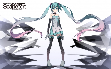 Scapecort feat. Miku Hatsune - hatsune miku, vocaloid, blue eyes, anime, long hair, gloves, dress, ponytails