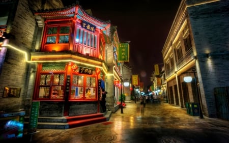 Chinese Section In The City - windows, night, buildings, reflection, orange, doors, green, city, architecture, colors, gray, chinese, lights