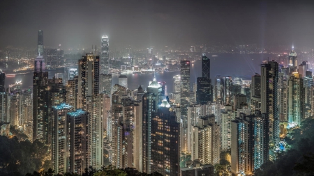 Hong Kong Lights - modern, nightscape, skyscrapers, bay, cityscape, buildings, twilight, night