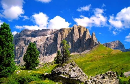 Morning clouds - greenery, clouds, trees, summer, beautiful, dolomites, landscape, slope, grass, lovely, freshness, mountain, nature, peak, sky, rocks