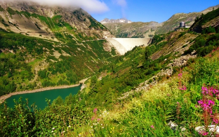 Mountain view - slope, lake, sky, landscape, mountain, greenery, rocks, nature, view, river, beautiful, grass, wildflowers, cliffs