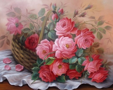 Roses in a basket - painting, art, roses, red, beautiful, basket