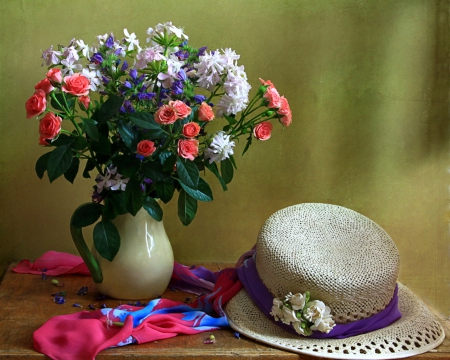 Still life - flowers, still life, hat, vase