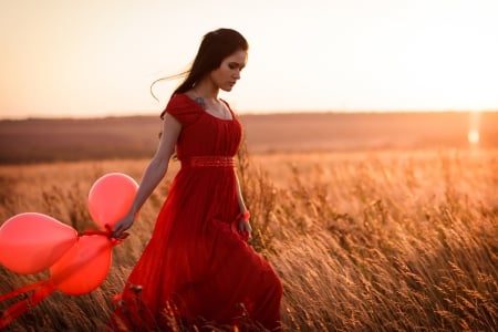 Lady in red - field, woman, ballool, model