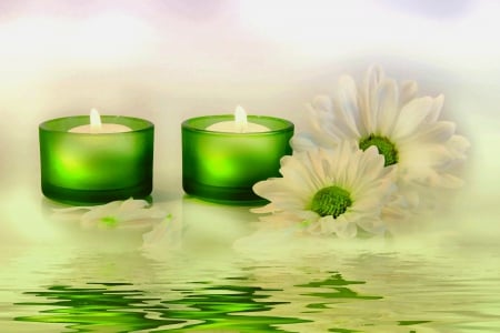 RELAXING MOMENT - candles, water, green, spa, flowers