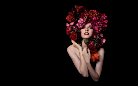 Model - woman, girl, background, make-up, rose, black, model, pink, red, flower