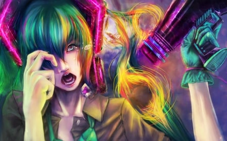 Hatsune Miku - tears, anime, vocaloid, yellow, blue, gun, girl, hatsune miku, pink, alnico-ism, cry, manga, art