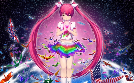 Sakura Miku - girl, sakura miku, art, purple, flag, vocaloid, blue, pink, akama zenta, anime, usa, manga