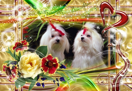 My friend and I . - flowers, heart, yellow rose, Dogs, ribbins