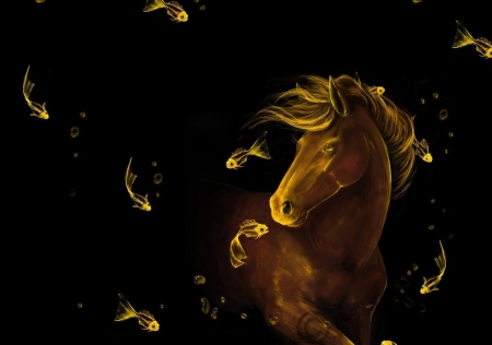 Horse and Fishes - animals, horses, brown, art, yellow, horse, fishes, fish, animal