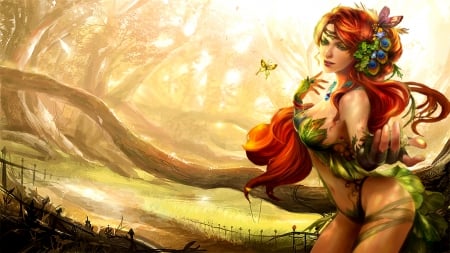 forest nymph - abstract, trees, butterflies, girl, forest, nymph, fantasy, redhead, SkyPhoenixX1, picture, painting, art, wallpaper, woods