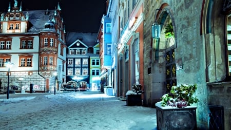 german town at night in winter - winter, town, sidewalk, lights, night