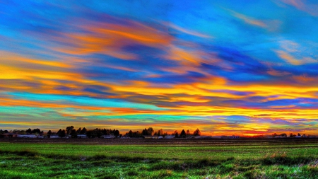 amazing sky over rural village hdr - fields, village, sky, sunset, hdr, colors