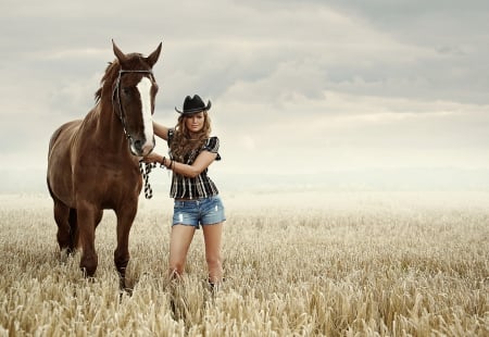 Cowgirl In A Field - hat, clouds, cowgirl, field, horse