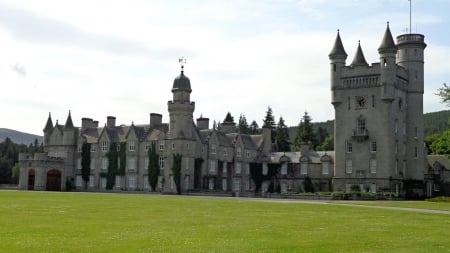 elegant belmoral castle in scotland - tower, vines, castle, lawn