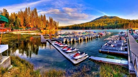 lovely marina on bass lake in california hdr - lake, docks, marna, trees, boats, wave runners, hdr