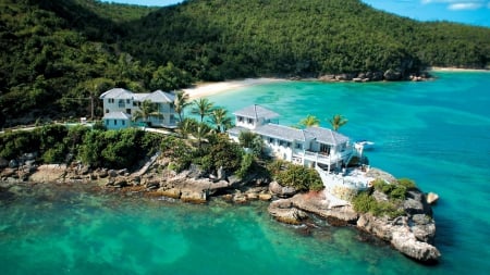 beautiful mansion on a rocky point in paradise - point, beach, mansion, sea, forest, rocks