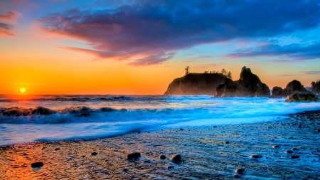 gorgeous beach sunset hdr - clouds, stones, hdr, sunset, sea, rocks, waves