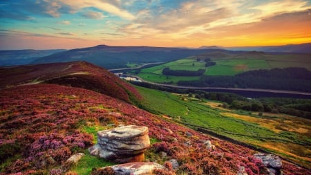 beautiful view of a river valley - fields, valley, hills, river, rocks, bushes