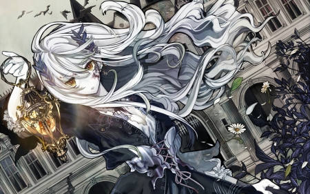 GO away! - pretty, blood, anime, birds, magic, female, dress, long hair, white hair, flowers, monster, nice, sky, castle, house, yellow eyes, anime girl, ghost, spirit, beautiful, beauty, cool, sweet, petals, lantern, fantasy, ghoust, awesome, cute