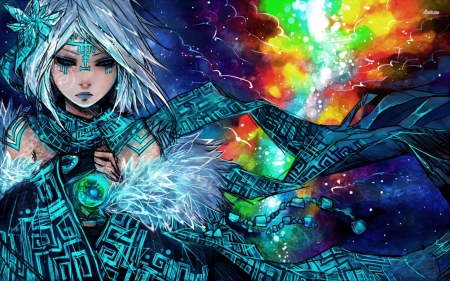 Harmony - nice, beauty, princess, indian, sky, universe, female, magic, anime girl, fanatsy, fire, fantasy, pretty, cool, clouds, anime, short hair, beautiful, awesome, dress, lights, white hair, black eyes