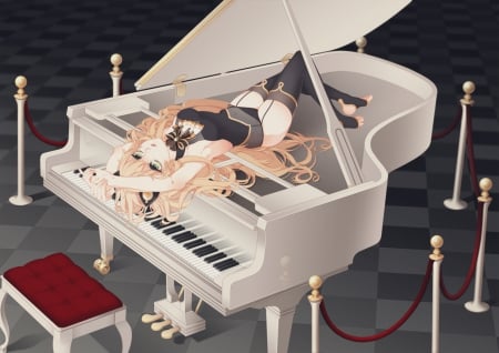 Let's play together! - beauty, nice, female, music, singer, instrument, anime girl, stockings, piano, pretty, blonde hair, game, anime, cute, sexy, animal ears, long hair, naryu, green eyes, vocaloid, beautiful, seeu, sweet, panties