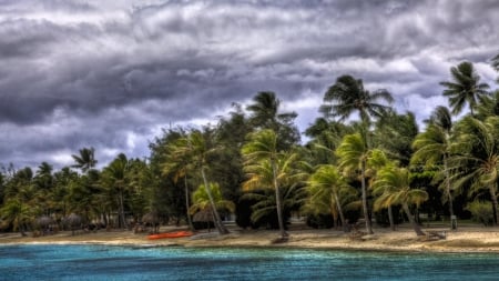 wonderful beach in bora bora hdr - beach, trees, sea, bpats, hdr, overcast