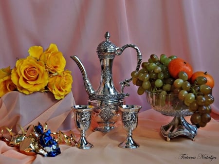 Still Life - grapes, roses, blossoms, arrangement, can