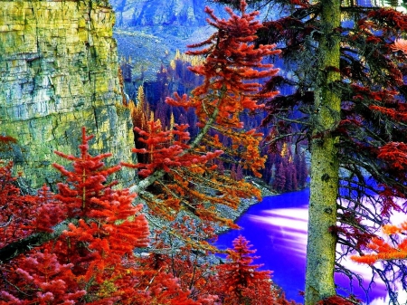 Mountains at Autumn - trees, photography, cliff, shadows, lake, leaves