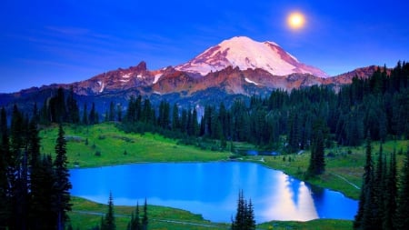 hidden lake under moonlight - moon, lake, mountain, trees, popular, sun, mountains, wallpaper, blue lake and sky, nature, lakes, forest, reflection, grass, landscapes