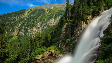 the tall krimml waterfall in austria - spray, forest, mountains, waterfall, rocks