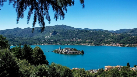 island on lake orta in northern italy - lake, mountains, town, island, trees