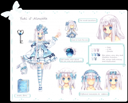 ~Yuki d' Alouette~ - pretty, key, anime, Yuki d Alouette, artwork, Maruuki, dress, bows, bunny, long hair, bicolored eyes, blue eyes