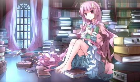 Patchouli Knowledge - hat, anime, bloomers, bows, books, long hair, purple eyes, patchouli knowledge, touhou, barefoot, purple hair