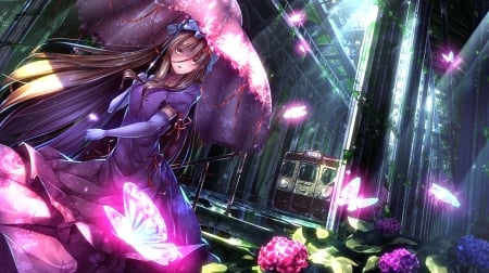 A Day At The Train Station - long hair, gloves, train, touhou, umbrella, anime, flowers, yakumo yukari, butterflies, dress