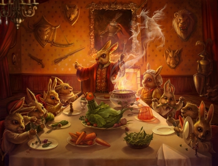 Rabbit's Famliy Dinner - rabbits, father, mother, fireplace, fantasy